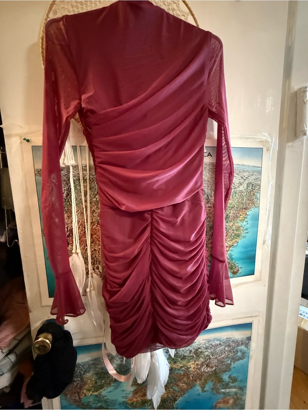 House of CB Berry Ruched Long-Sleeve Midi Dress 35 inches long stretchy